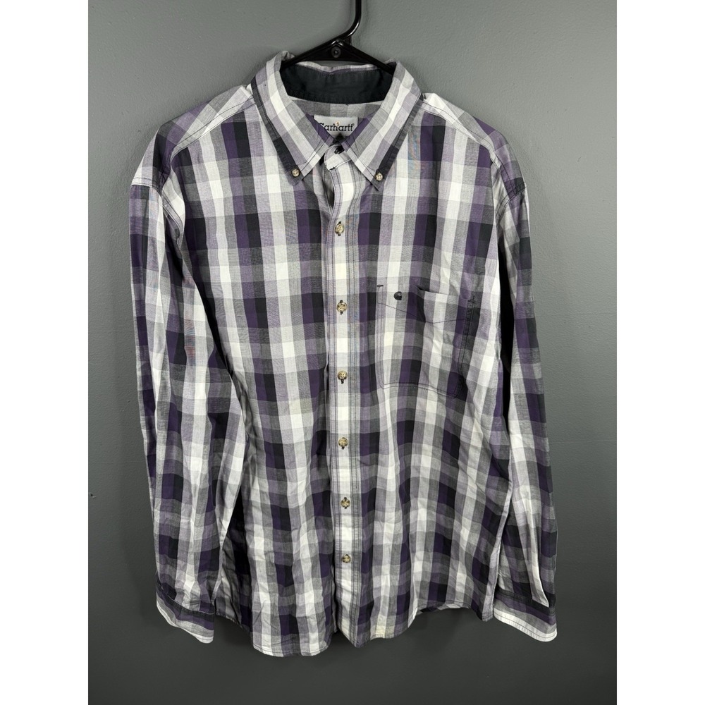 Carhartt Shirt Mens Large Purple PlaidLong Sleeve Button Up Relaxed Fit Workwear